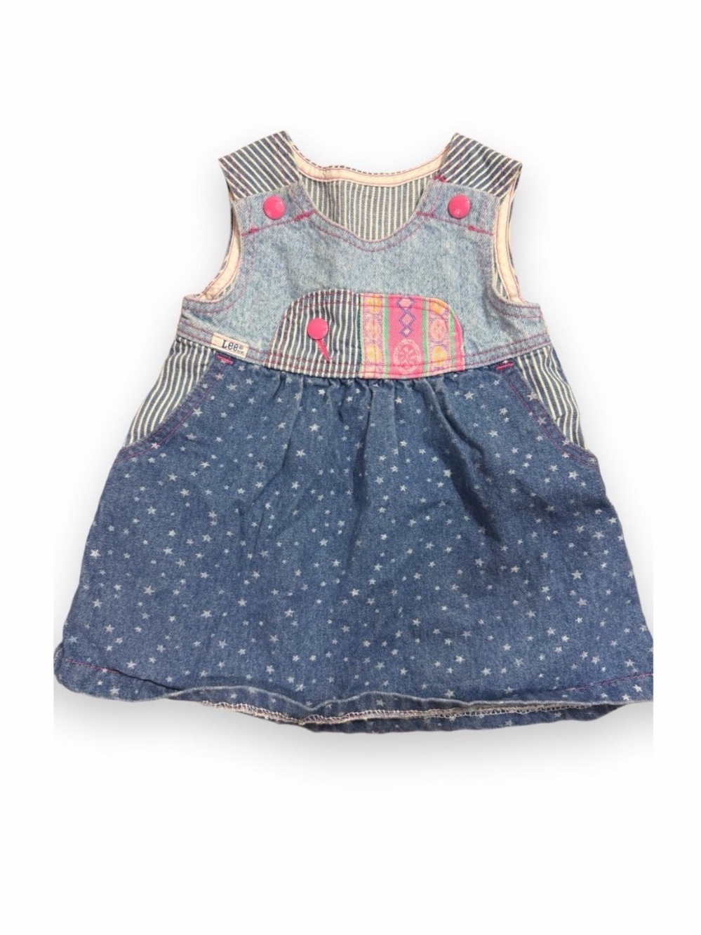 Vintage Lee Girls 24M Denim Patchwork Dress USA Made Star Print Overalls